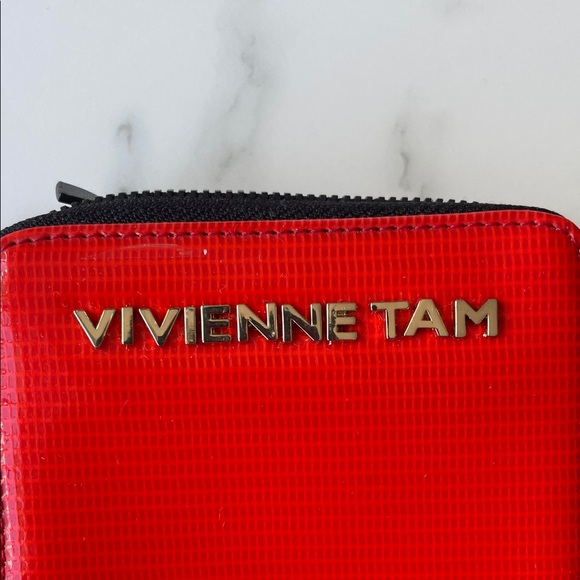 Vivienne Tam Red Patent Zip Around Wallet NEW Compact Card Case Black Trim - Picture 3 of 6